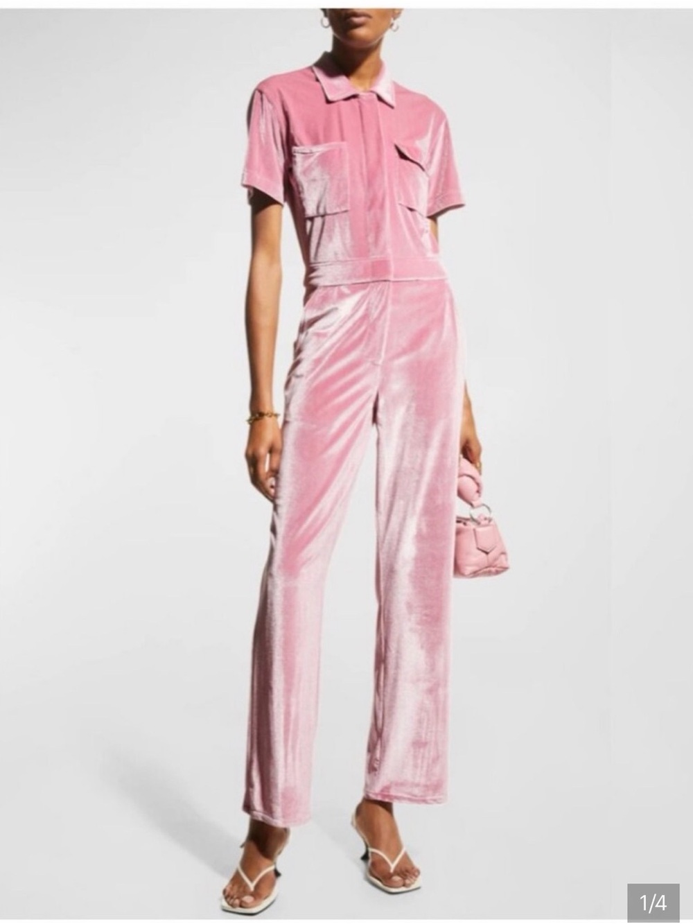 Velvet Short-Sleeve Jumpsuit in Rose Pink